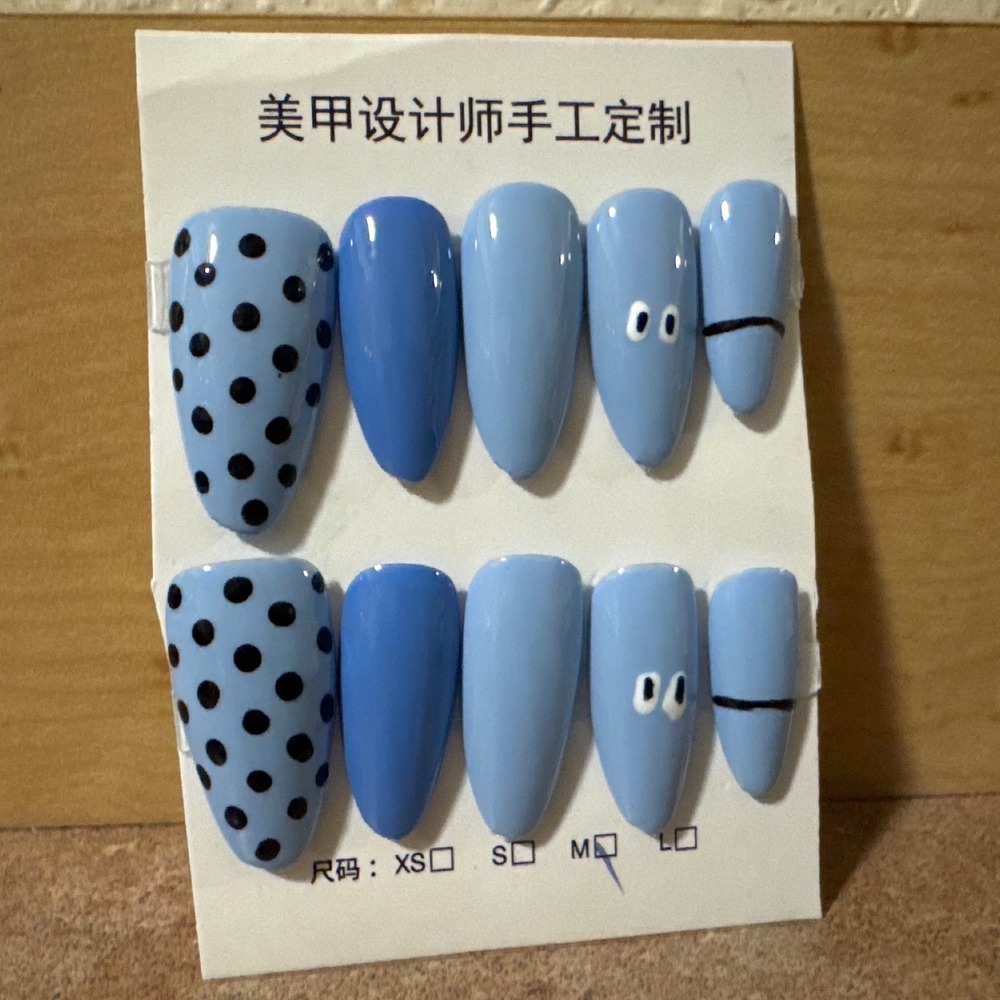 Blue Polka Dot Almond Press On Nails Long Glossy‎ False Nail Set Size Medium